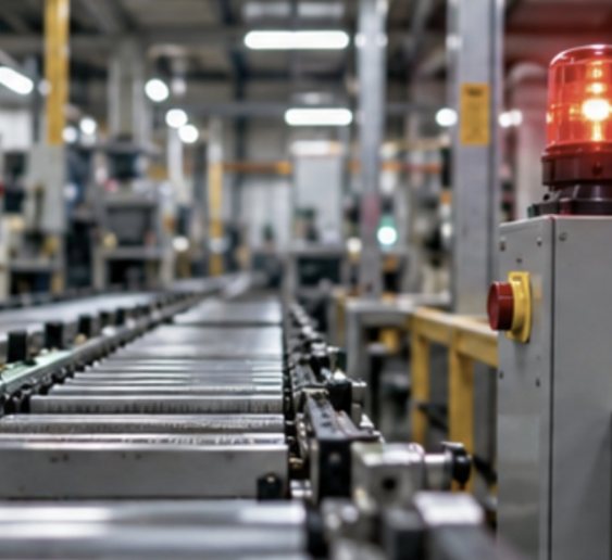 Ligne de production arrêtée dans une usine, un gyrophare rouge allumé au-dessus du poste de commande.