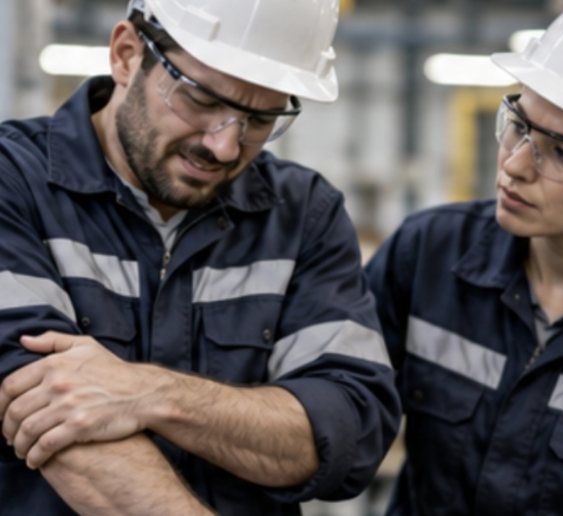 Un travailleur en uniforme et casque de sécurité se tient l’avant-bras, blessé, pendant qu’une collègue s’inquiète pour lui.